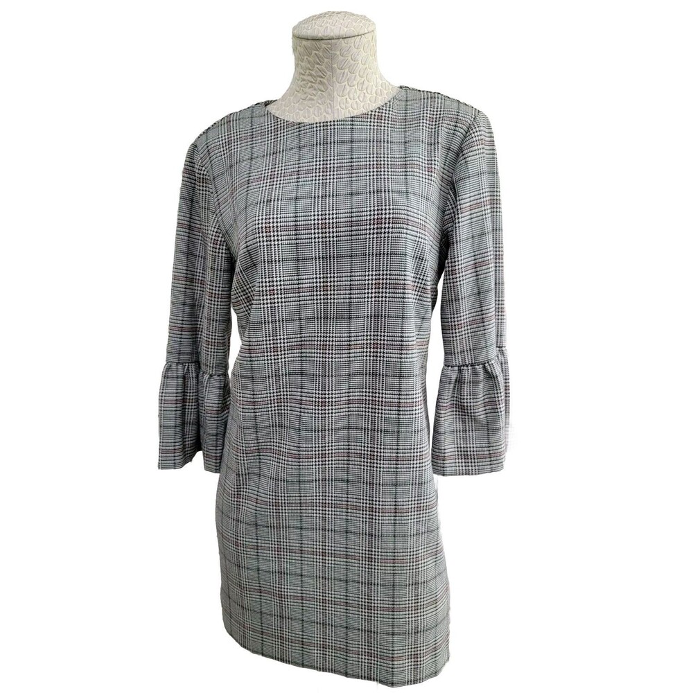 Zara Women's‎ Size M Plaid Ruffle Bell Sleeve Mini Shift Dress Black White EUC